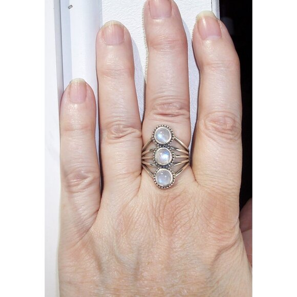 925 STERLING SILVER Genuine Rainbow Moonstone Statement Ring - Picture 2 of 14